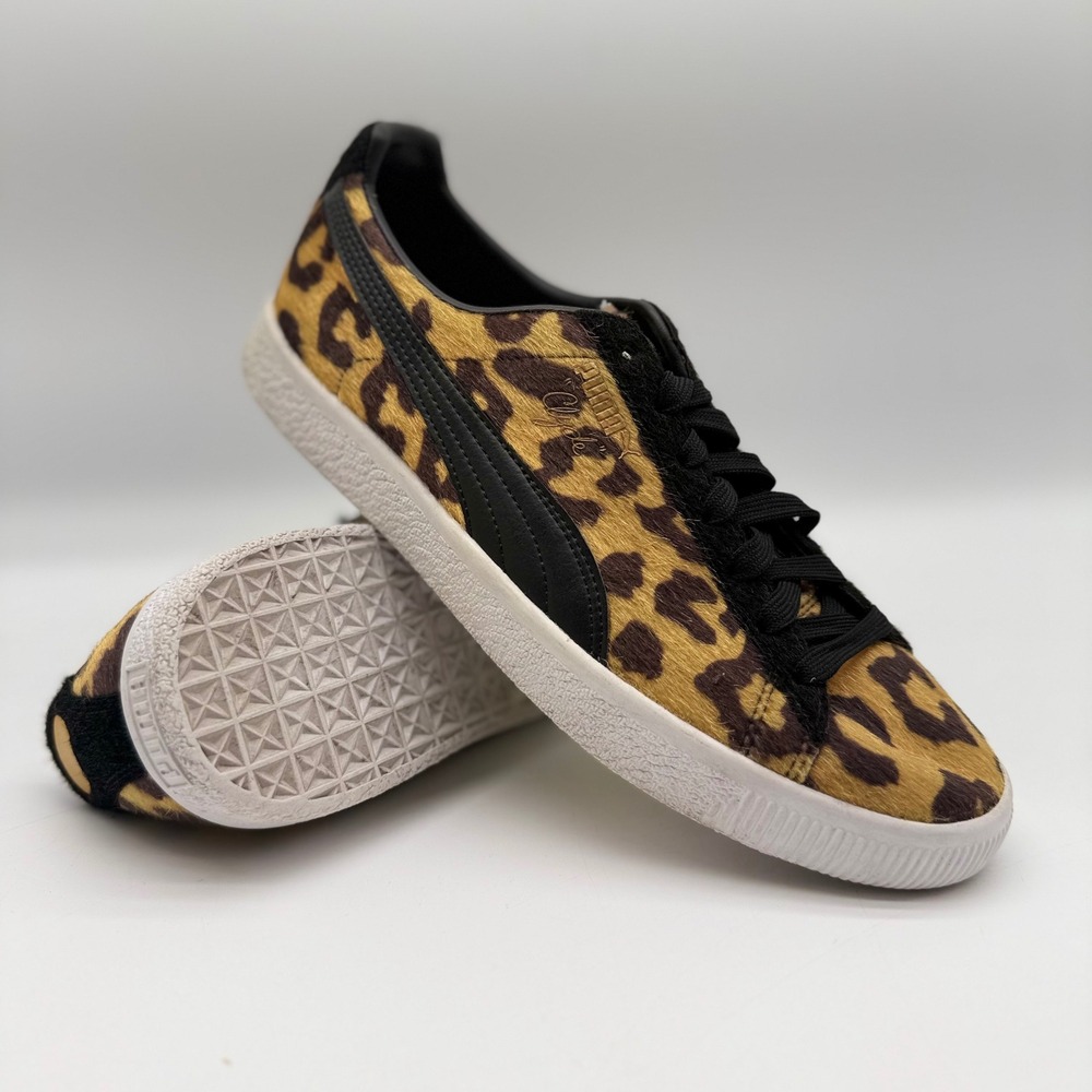 Puma Clyde Mens 8.5 Womens 10‎ Leopard Print Calf Hair Sneakers Black Gold